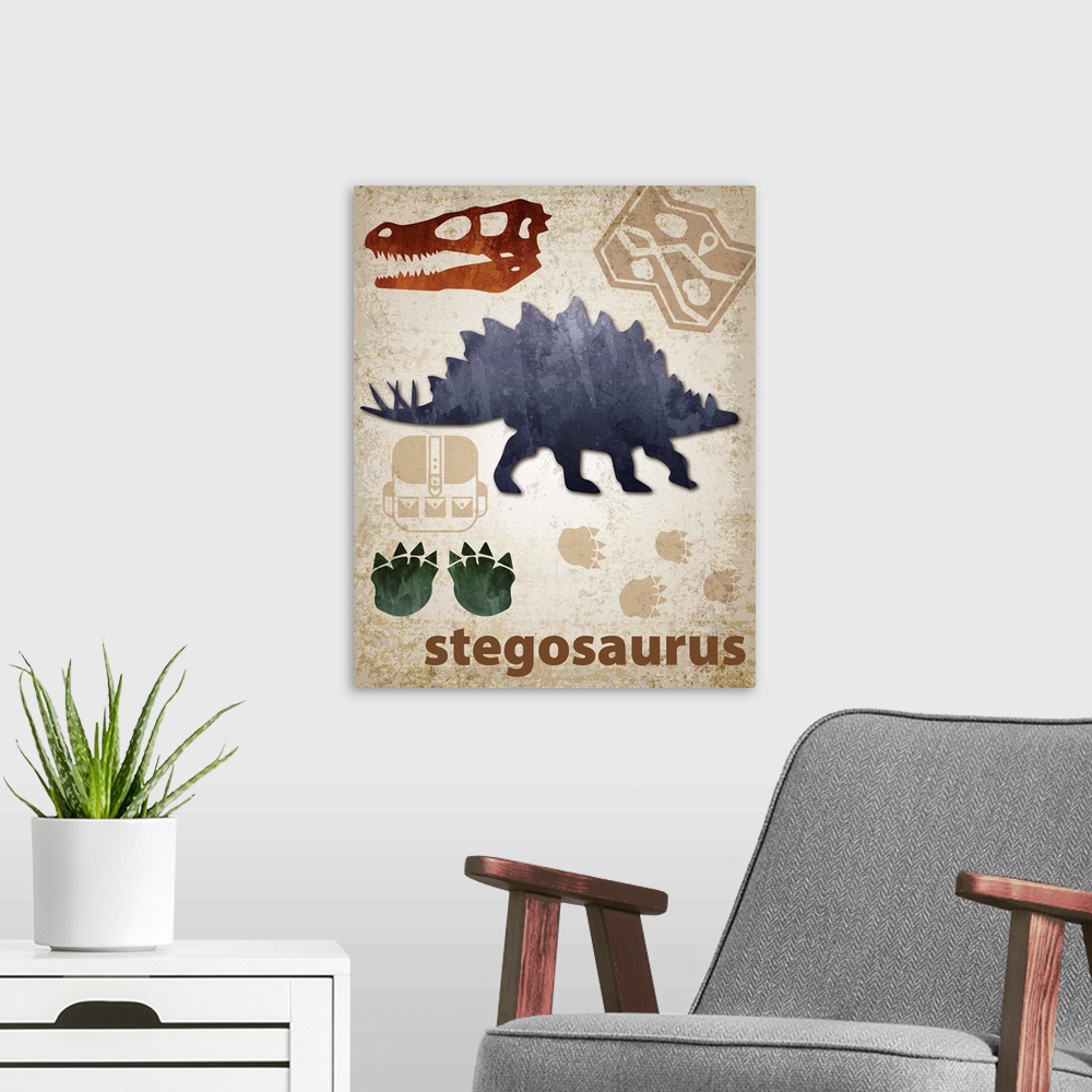A modern room featuring Stegosaurus artwork featuring a silhouette with footprints and a skull.