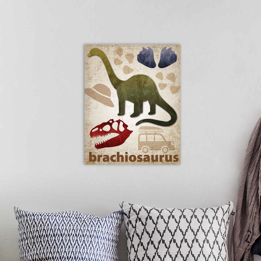 A bohemian room featuring Brachiosaurus artwork featuring a silhouette with footprints and a skull.