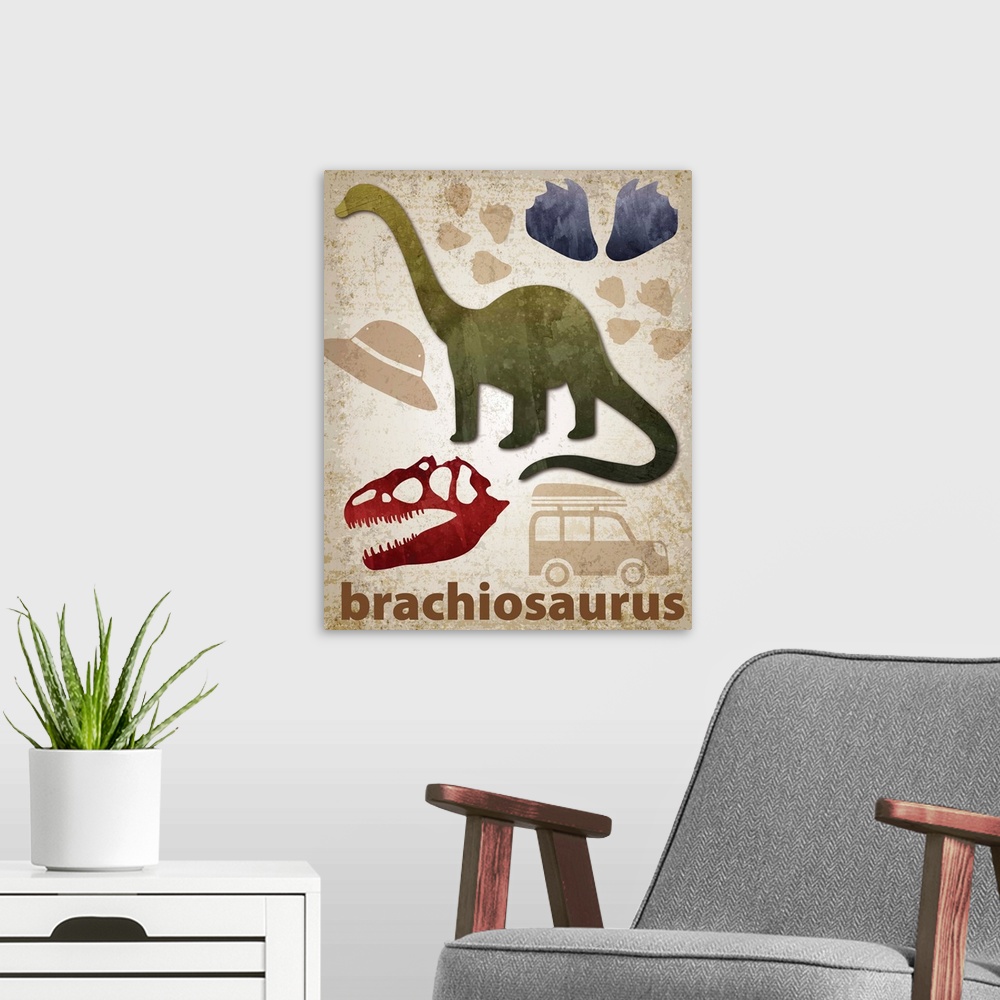A modern room featuring Brachiosaurus artwork featuring a silhouette with footprints and a skull.
