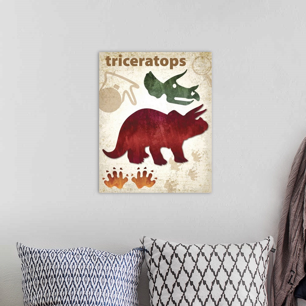 A bohemian room featuring Triceratops artwork featuring a silhouette with footprints and a skull.
