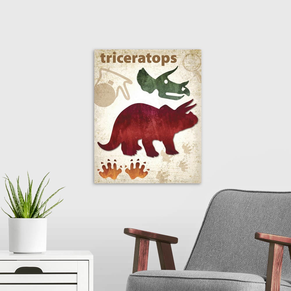 A modern room featuring Triceratops artwork featuring a silhouette with footprints and a skull.