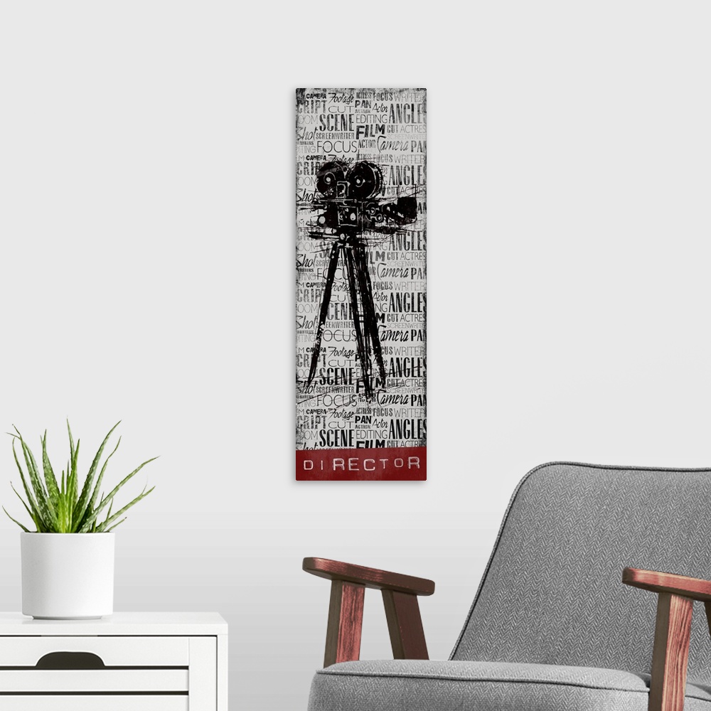 A modern room featuring A vintage camera on a background filled with layers of text, with the word "Director" at the bottom.