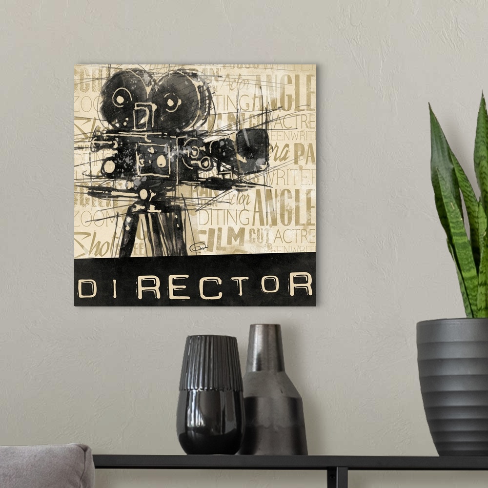 A modern room featuring Contemporary artwork with sketch stylized movie camera against a text background. The word "Direc...