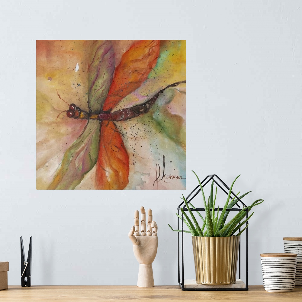 A bohemian room featuring Contemporary watercolor painting of a colorful dragonfly.