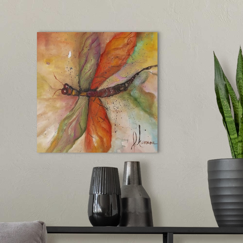 A modern room featuring Contemporary watercolor painting of a colorful dragonfly.