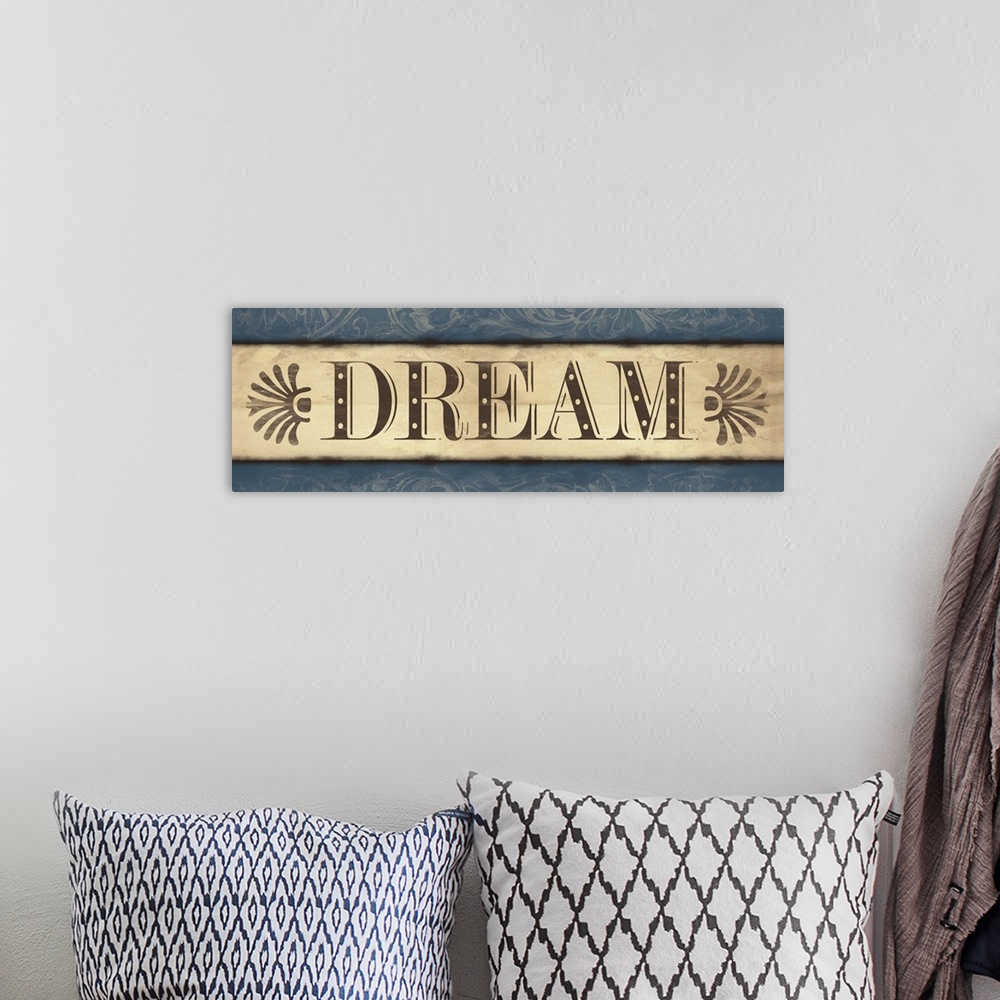 A bohemian room featuring Landscape oriented inspirational artwork with the word "Dream" in the center of the image. With a...