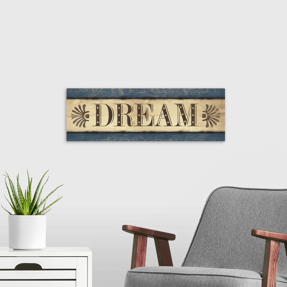 A modern room featuring Landscape oriented inspirational artwork with the word "Dream" in the center of the image. With a...