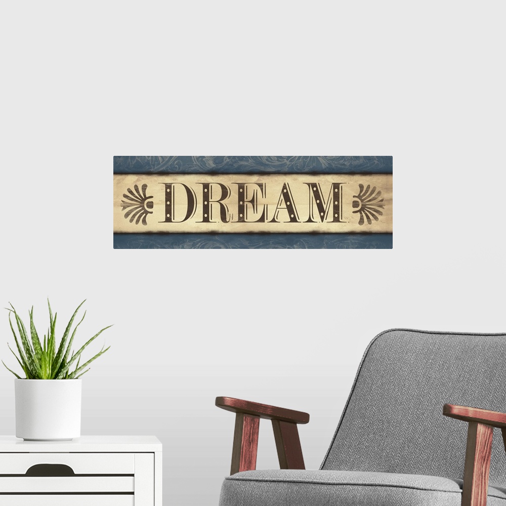 A modern room featuring Landscape oriented inspirational artwork with the word "Dream" in the center of the image. With a...