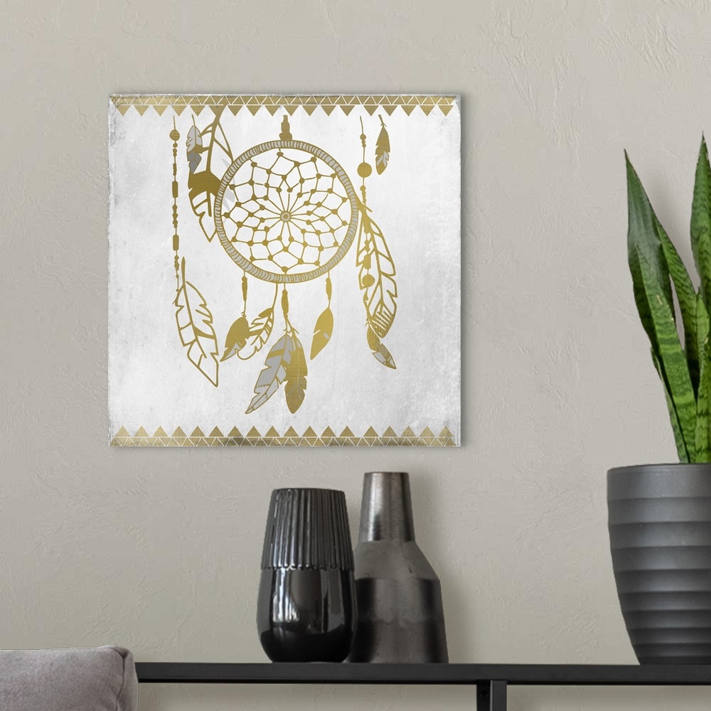 A modern room featuring Gold and silver dreamcatcher and feather design.