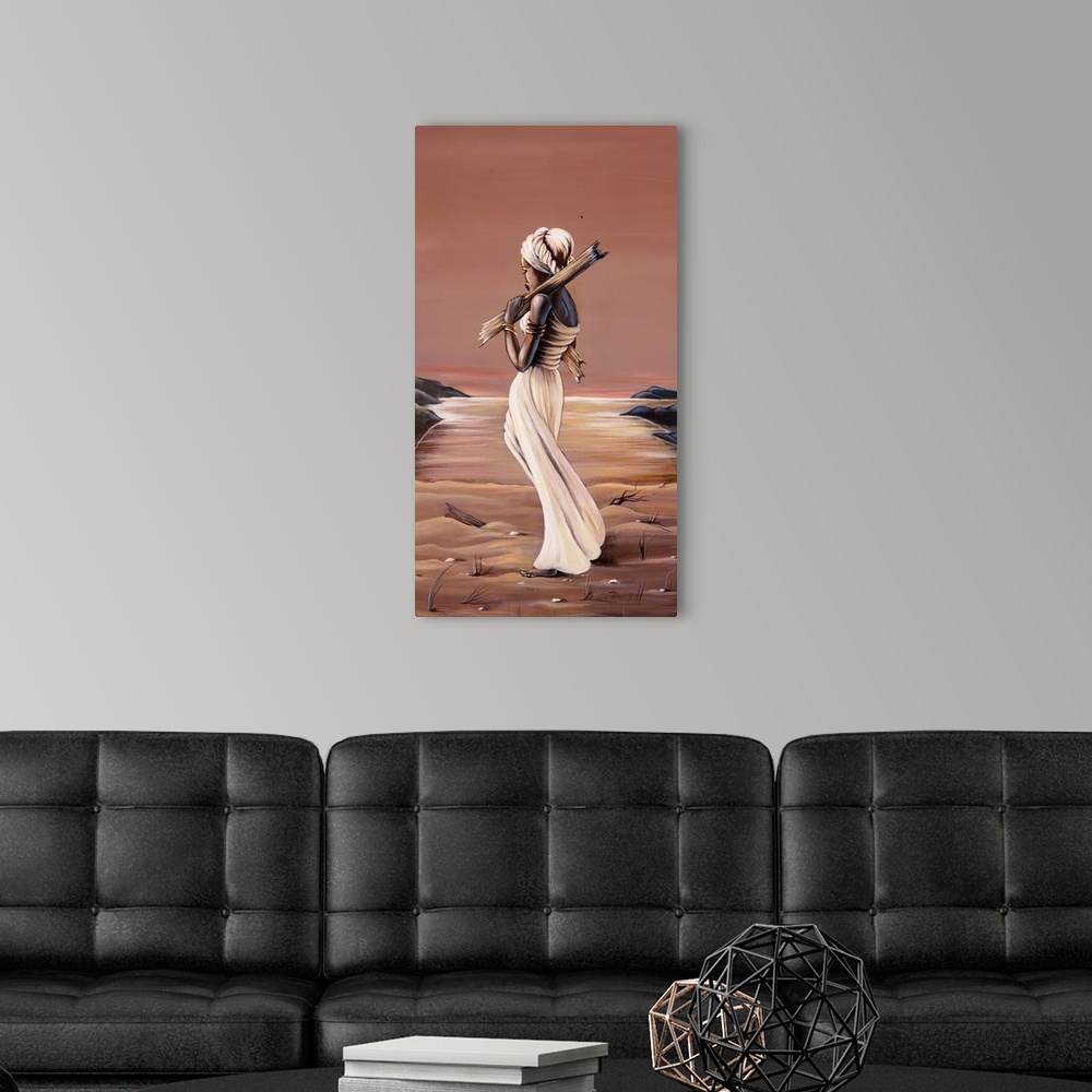 A modern room featuring Contemporary African painting of a woman walking along the beach holding a piece of driftwood.