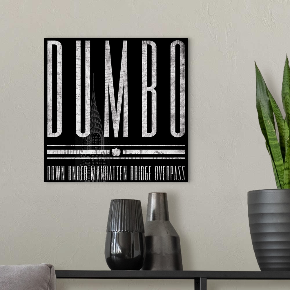 A modern room featuring Typographical artwork of New York City destination DUMBO against a black background, with the Chr...