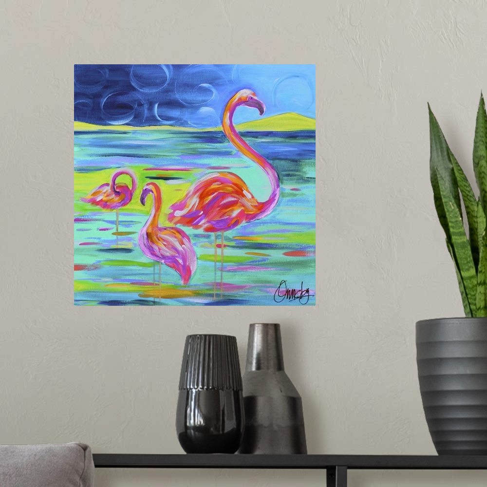 A modern room featuring Contemporary painting of a flamingo family standing in water.