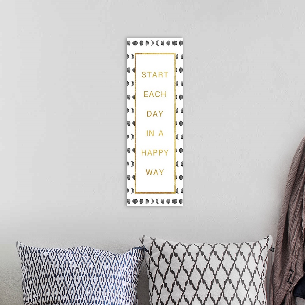 A bohemian room featuring "Start each day in a happy way" in gold text over images of phases of the moon.