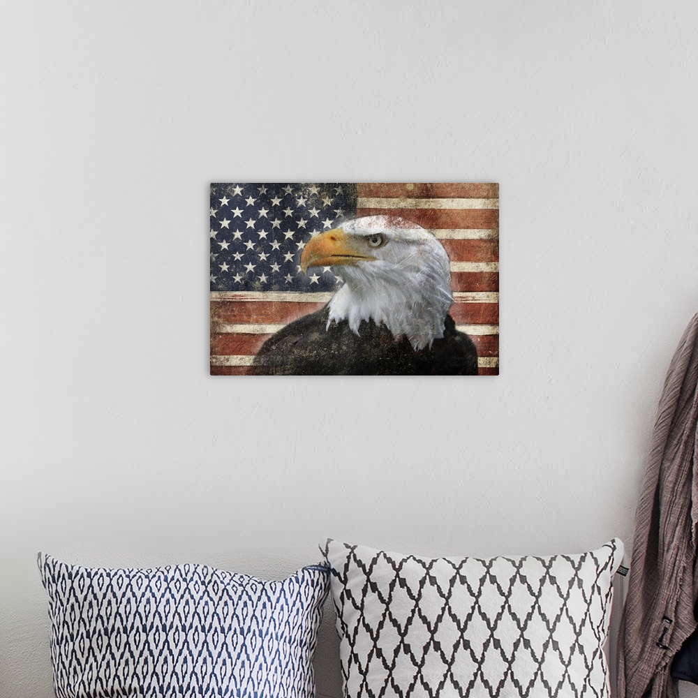 A bohemian room featuring Eagle and flag