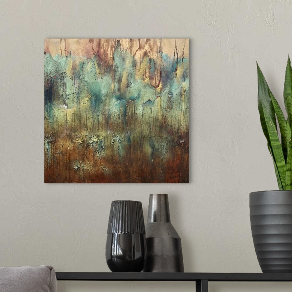 A modern room featuring Contemporary abstract painting using rich earth tones mixed with pale cool tones.