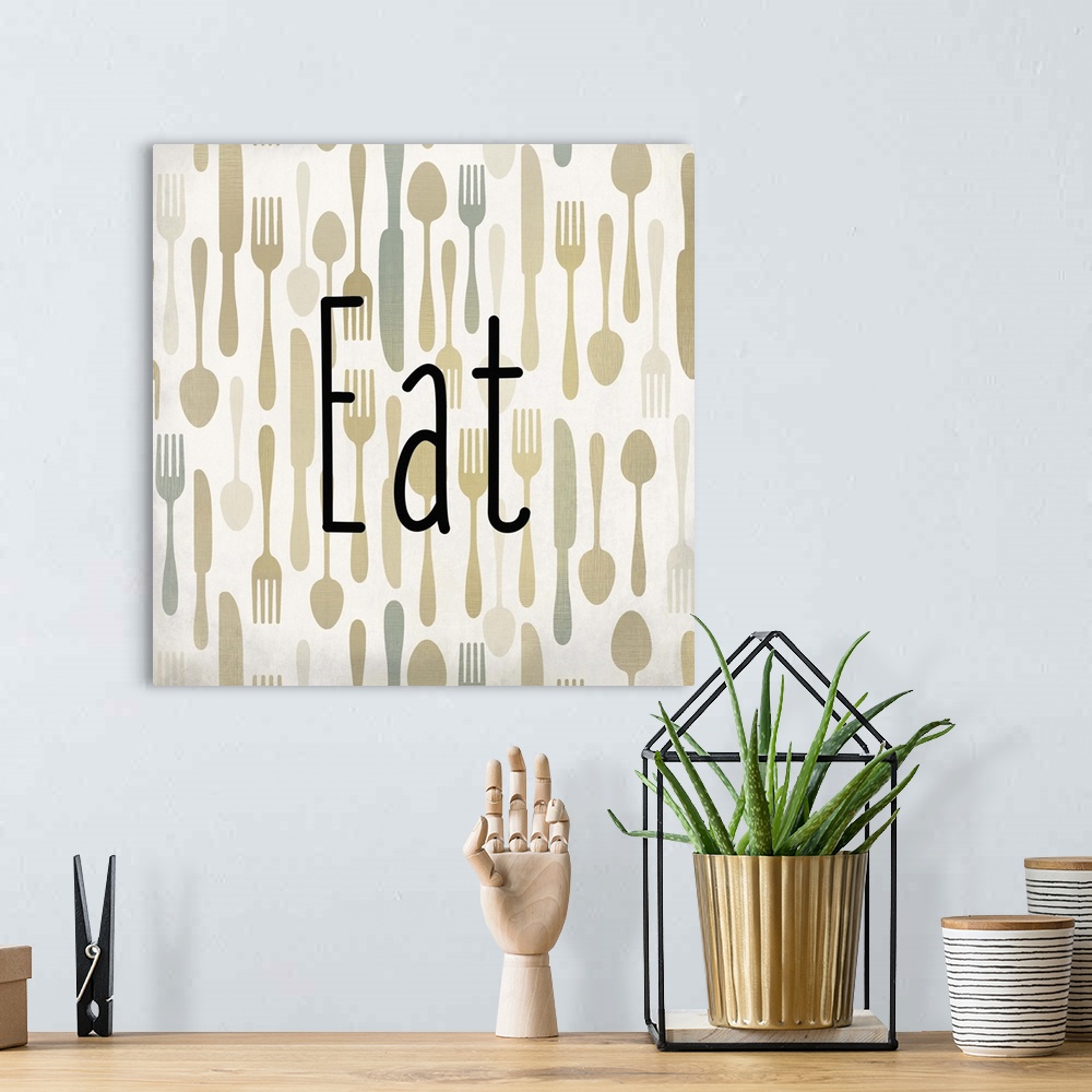 A bohemian room featuring The word Eat in black text over a pattern of forks, spoons, and knives.