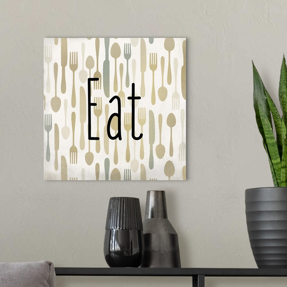 A modern room featuring The word Eat in black text over a pattern of forks, spoons, and knives.