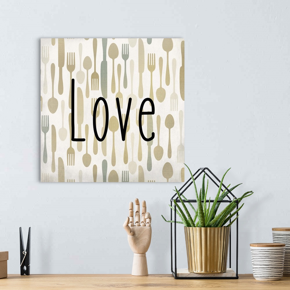 A bohemian room featuring The word Love in black text over a pattern of forks, spoons, and knives.