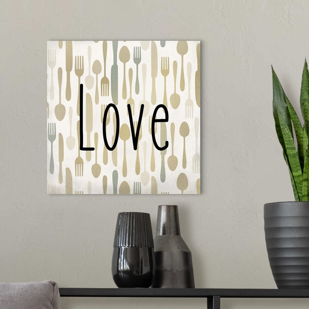 A modern room featuring The word Love in black text over a pattern of forks, spoons, and knives.