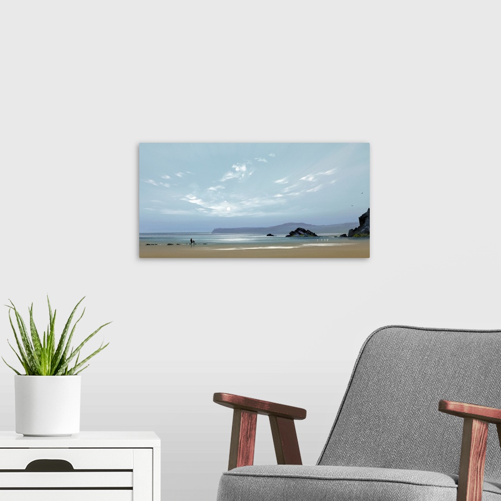 A modern room featuring Contemporary painting of a pale blue sky over a wide sandy beach.