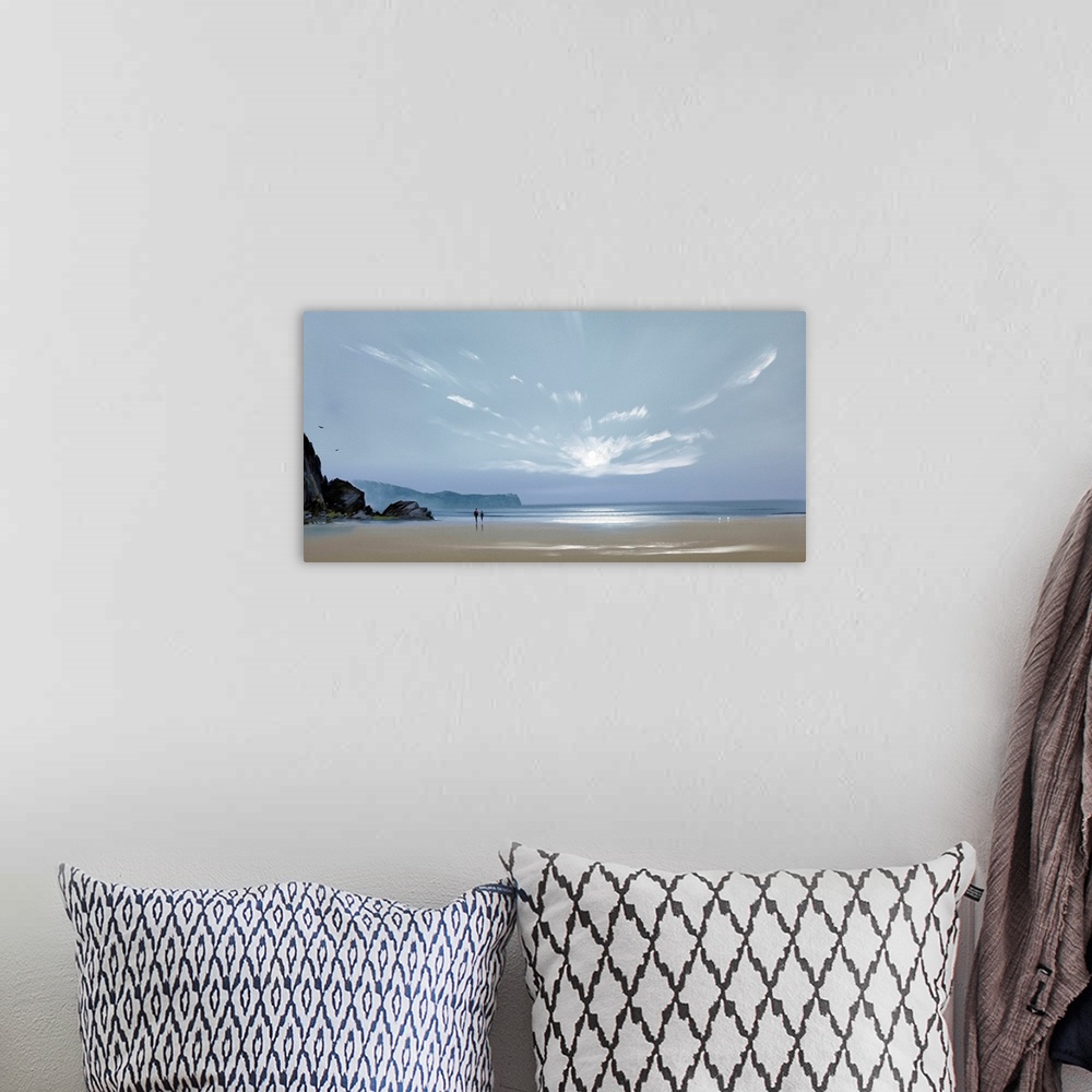 A bohemian room featuring Contemporary painting of a pale blue sky over a wide sandy beach.