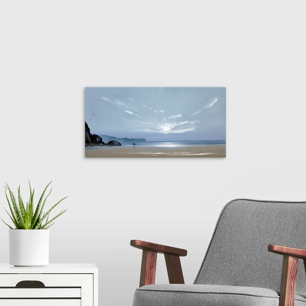 A modern room featuring Contemporary painting of a pale blue sky over a wide sandy beach.