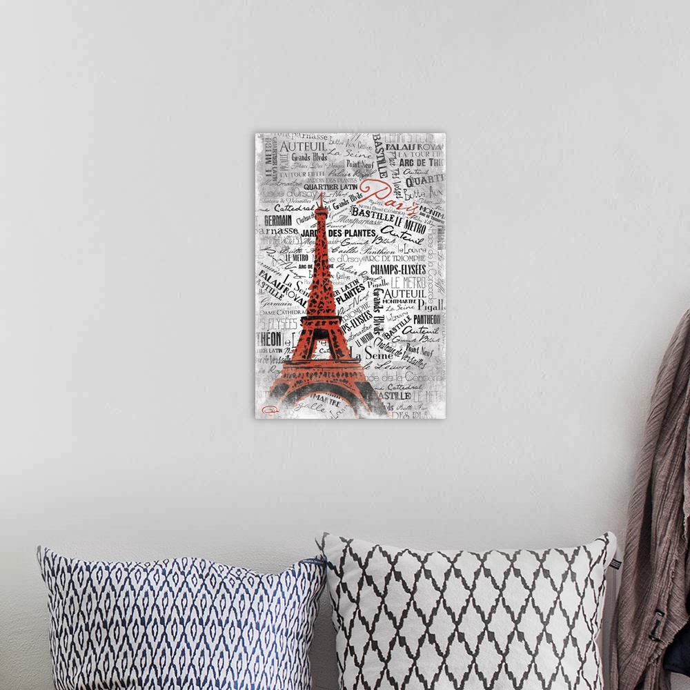 A bohemian room featuring The Eiffel Tower in urban style against layered text background of different locations in Paris.