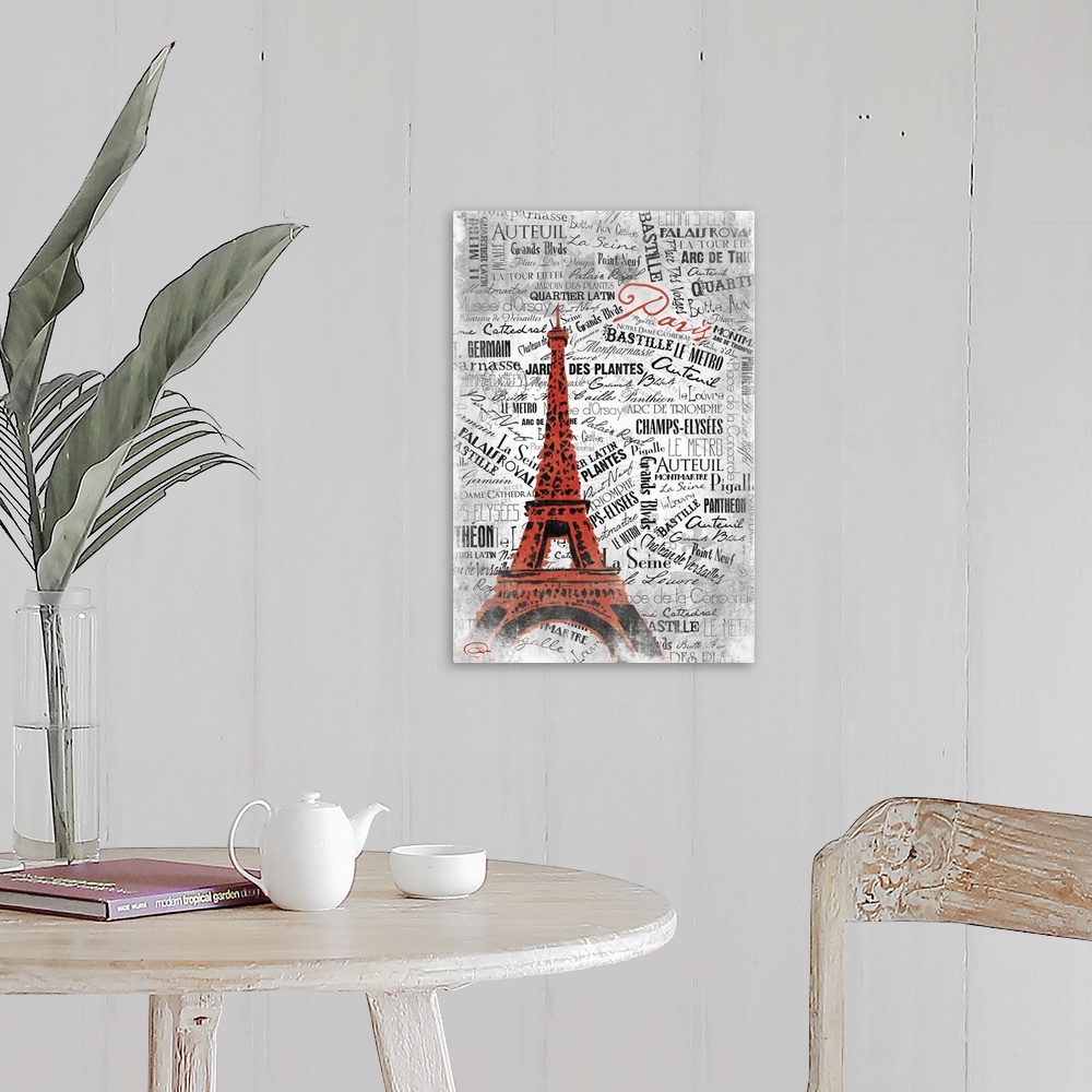 A farmhouse room featuring The Eiffel Tower in urban style against layered text background of different locations in Paris.