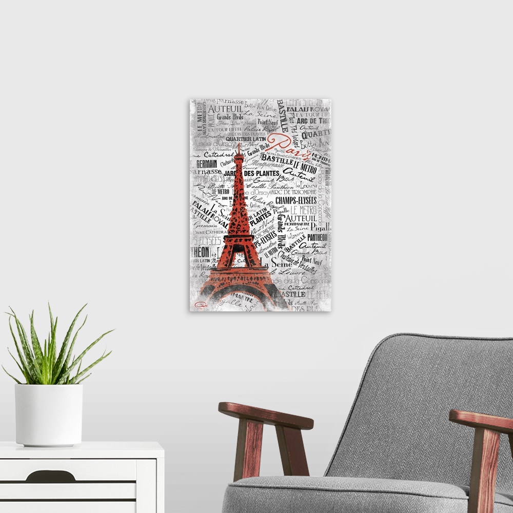 A modern room featuring The Eiffel Tower in urban style against layered text background of different locations in Paris.