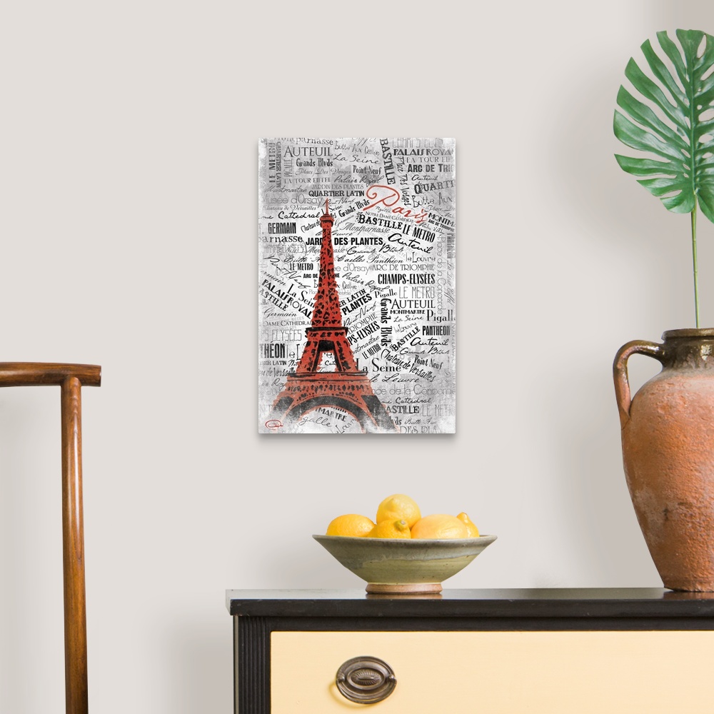 A traditional room featuring The Eiffel Tower in urban style against layered text background of different locations in Paris.