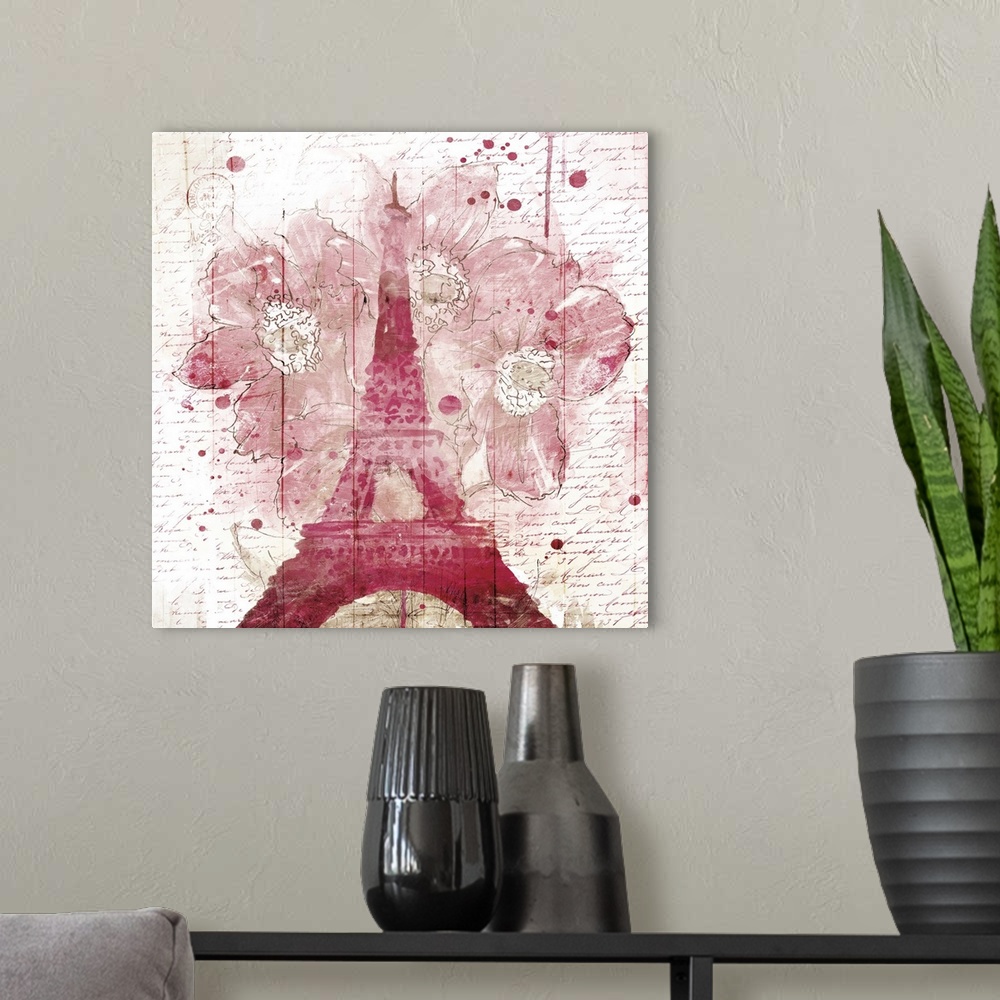 A modern room featuring The shape of the Eiffel Tower in pink with watercolor flowers and paint drips.