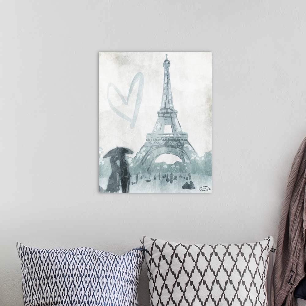 A bohemian room featuring Contemporary travel artwork of a view of the Eiffel Tower in Paris with the silhouette of a coupl...