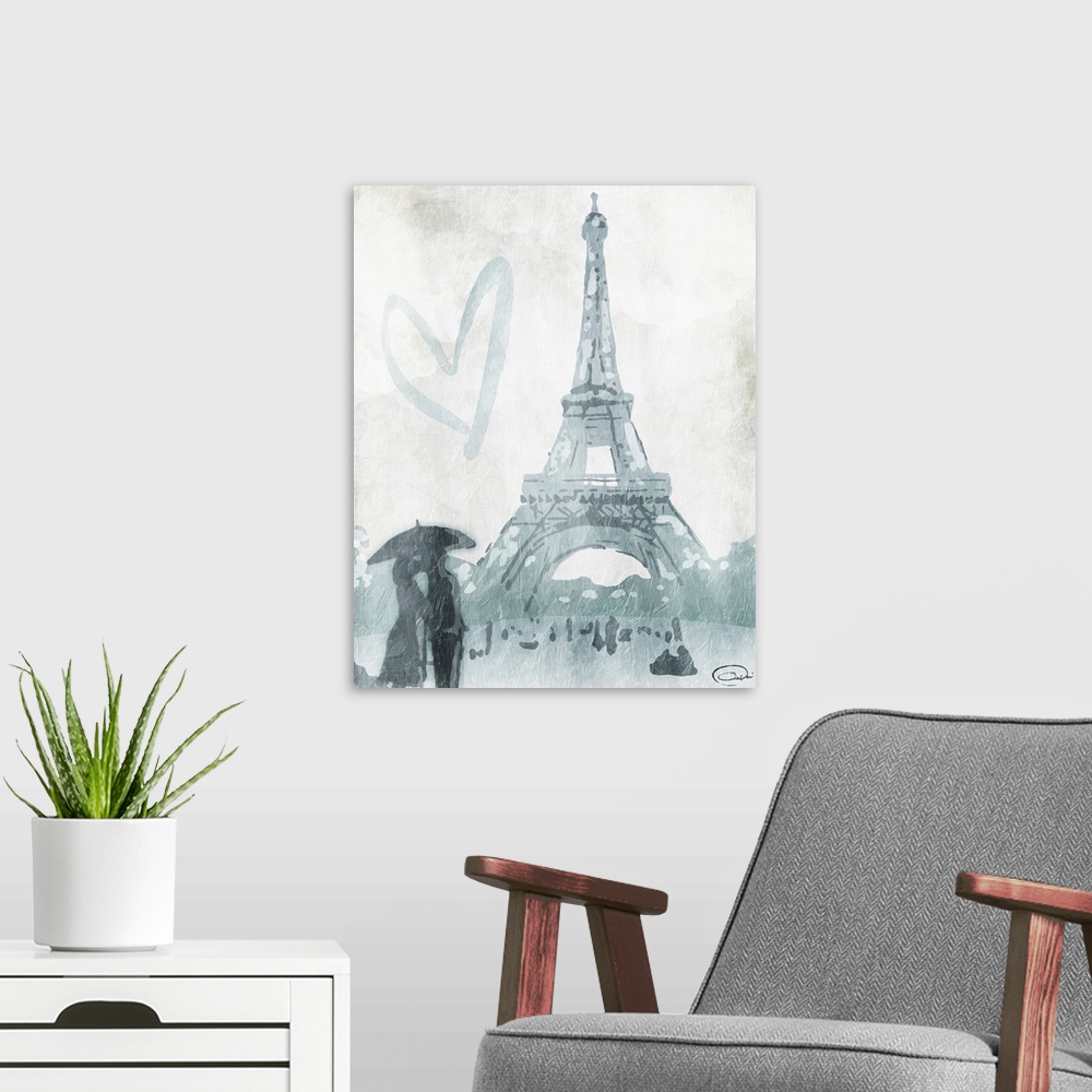 A modern room featuring Contemporary travel artwork of a view of the Eiffel Tower in Paris with the silhouette of a coupl...