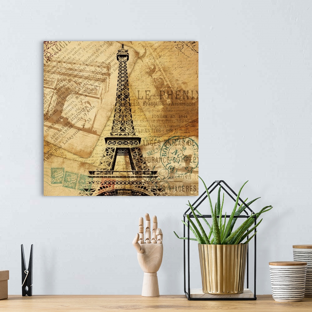 A bohemian room featuring Contemporary artwork of the Eiffel Tower against travel and postage documentation in sepia tone.