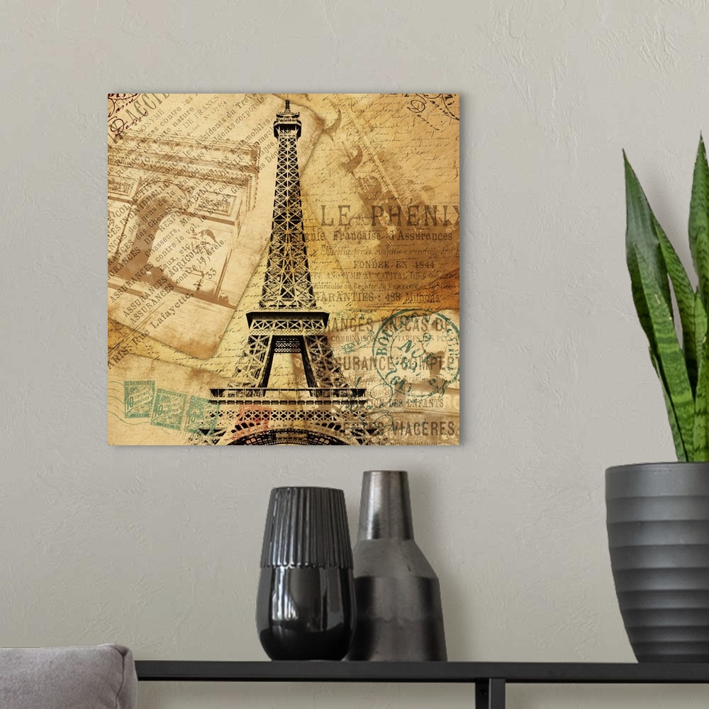 A modern room featuring Contemporary artwork of the Eiffel Tower against travel and postage documentation in sepia tone.