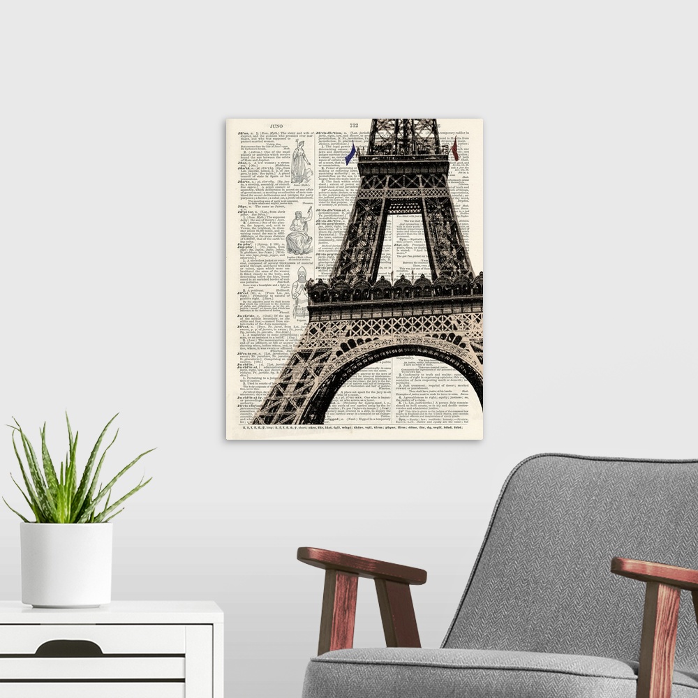 A modern room featuring Contemporary artistic use of a page from a dictionary with the Eiffel Tower on top of the text.