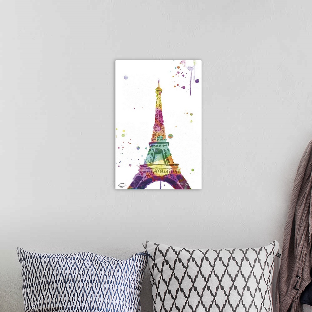 A bohemian room featuring Rainbow watercolor image of the Eiffel Tower.