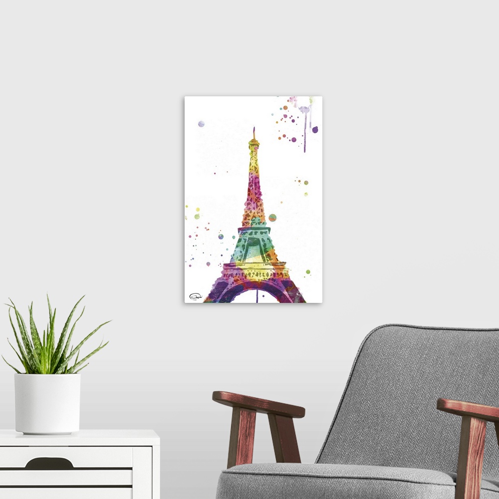 A modern room featuring Rainbow watercolor image of the Eiffel Tower.