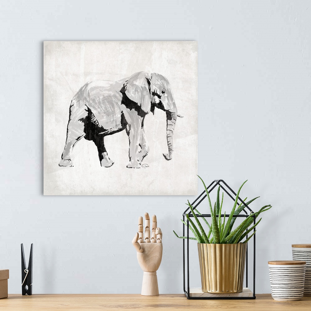 A bohemian room featuring Contemporary piece of artwork with elephant facing the right lifting its left front front leg as ...
