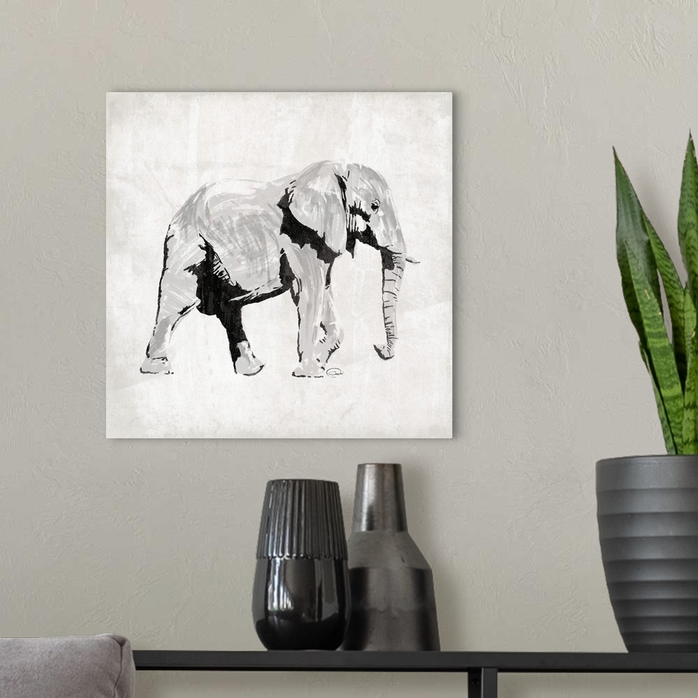 A modern room featuring Contemporary piece of artwork with elephant facing the right lifting its left front front leg as ...