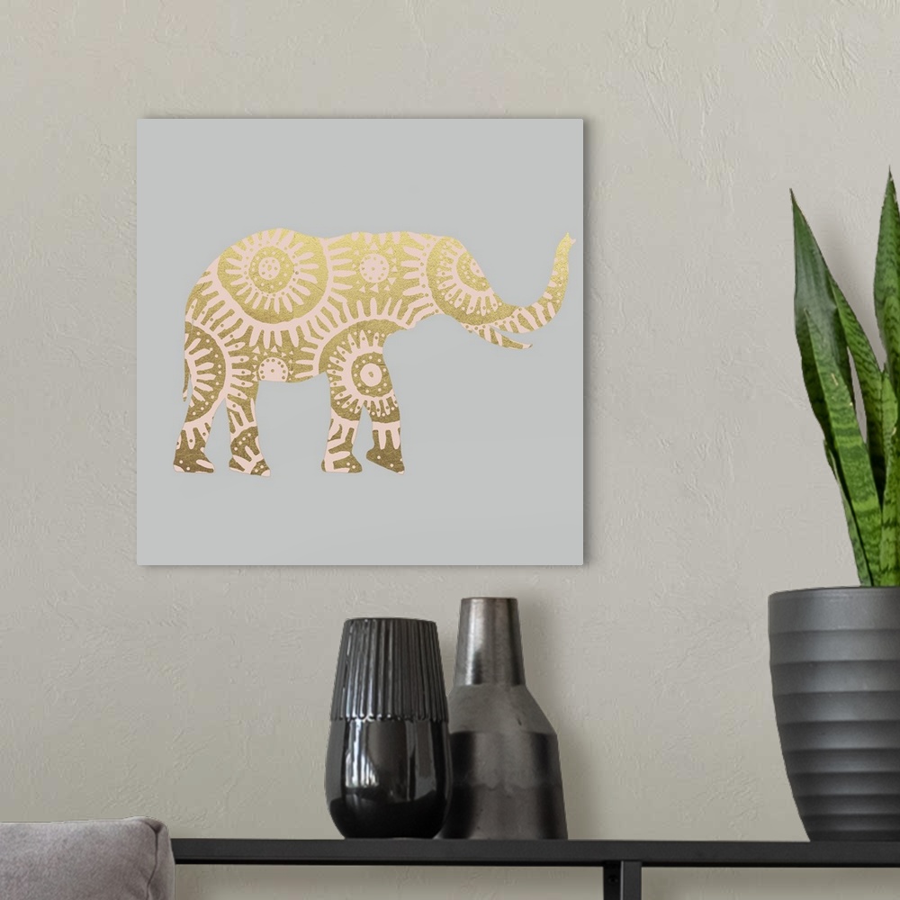 A modern room featuring Square illustration of a pink elephant with metallic gold designs on a gray background.