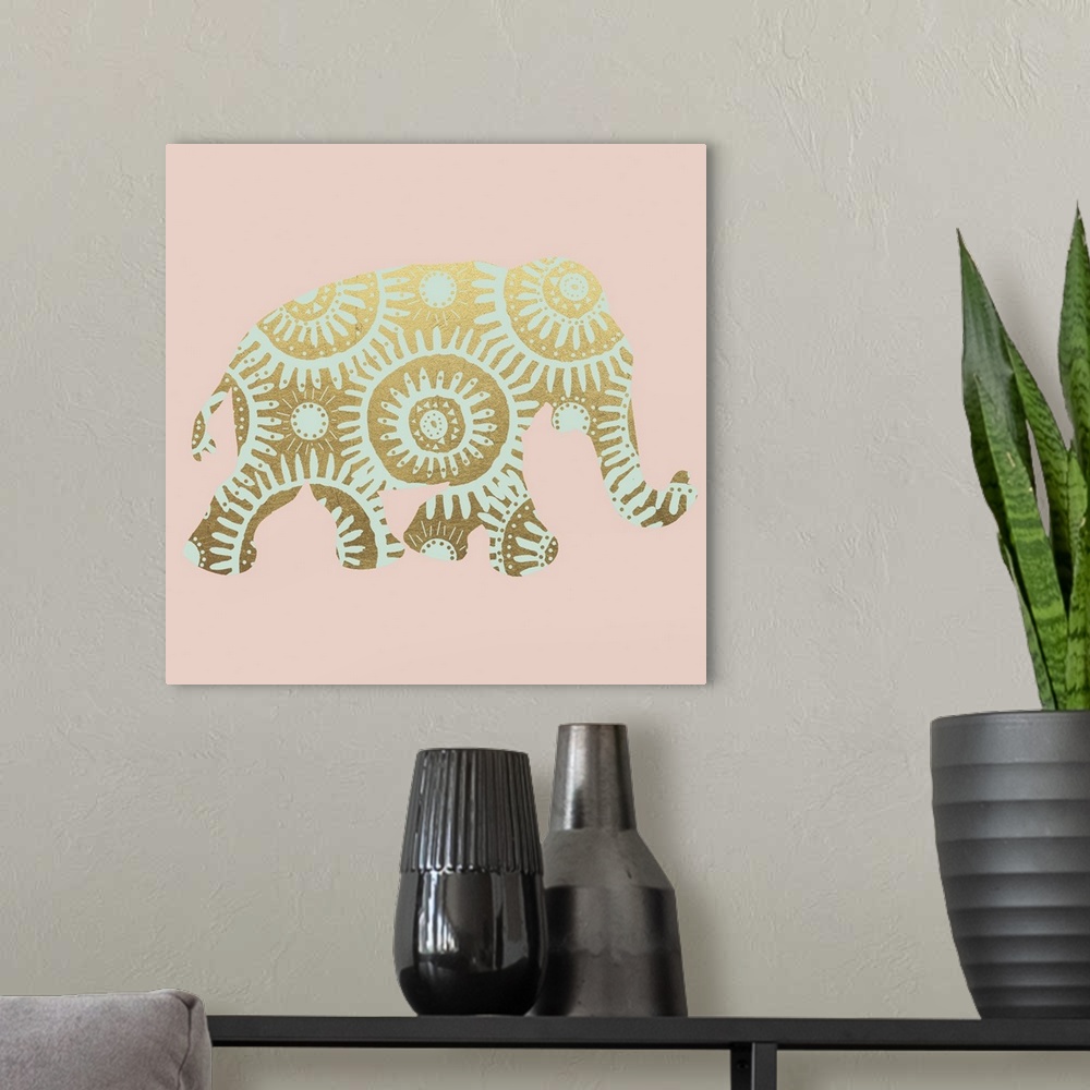 A modern room featuring Square illustration of a light green elephant with a metallic gold design on a light pink backgro...