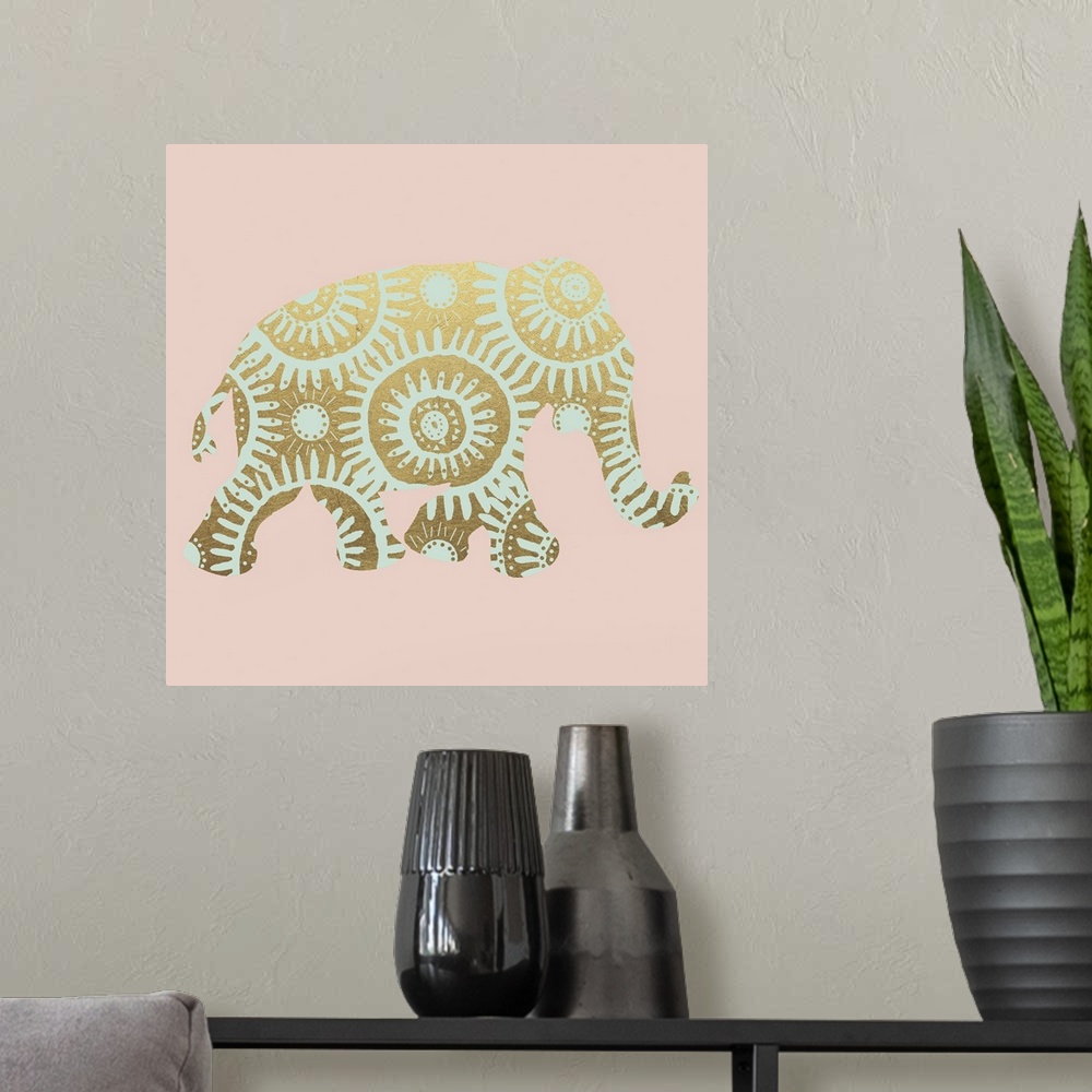 A modern room featuring Square illustration of a light green elephant with a metallic gold design on a light pink backgro...