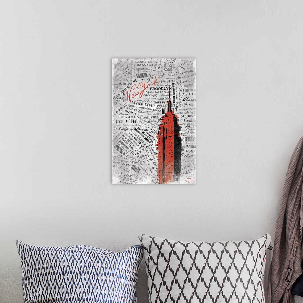 A bohemian room featuring The Empire State Building in urban style against layered text background of different locations i...