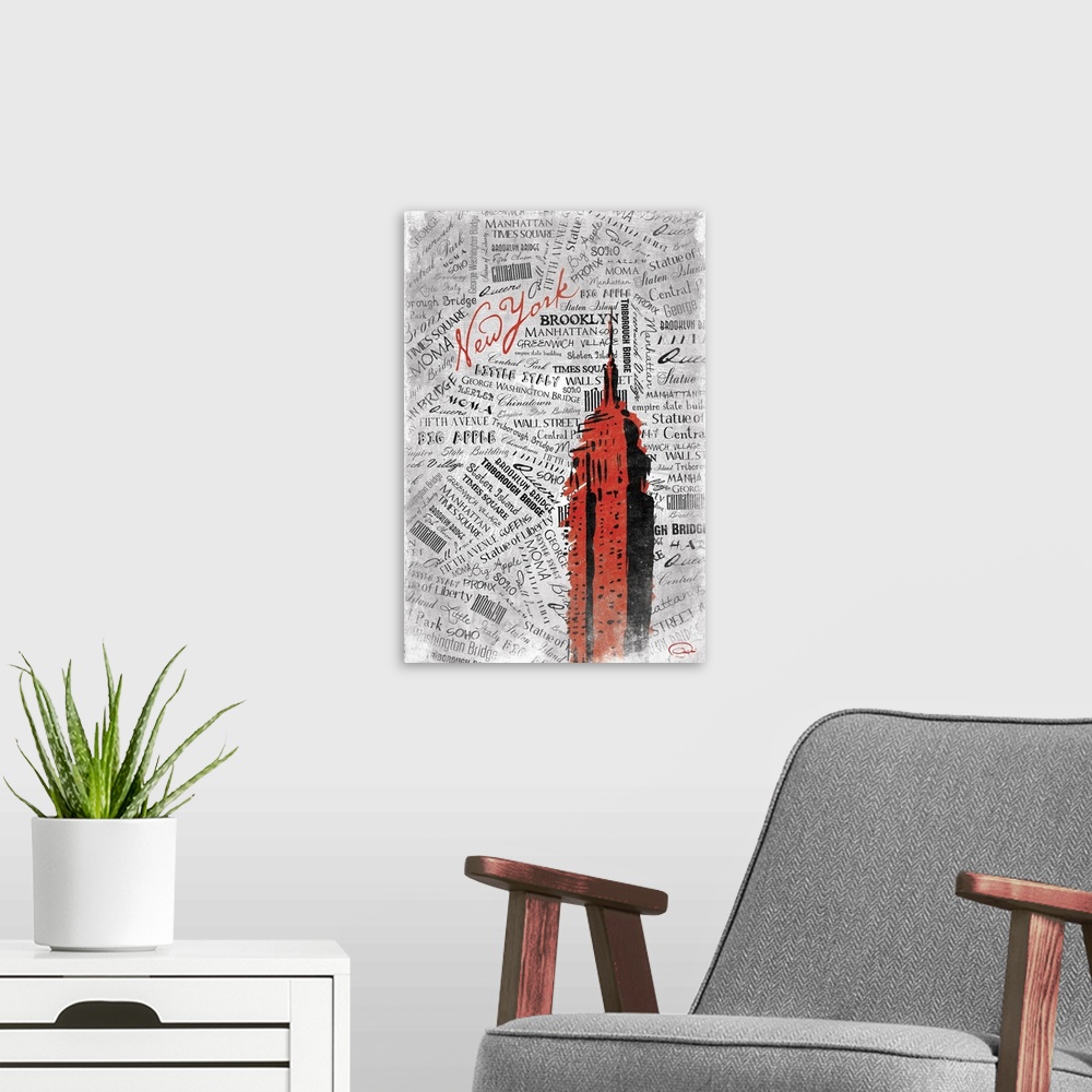 A modern room featuring The Empire State Building in urban style against layered text background of different locations i...