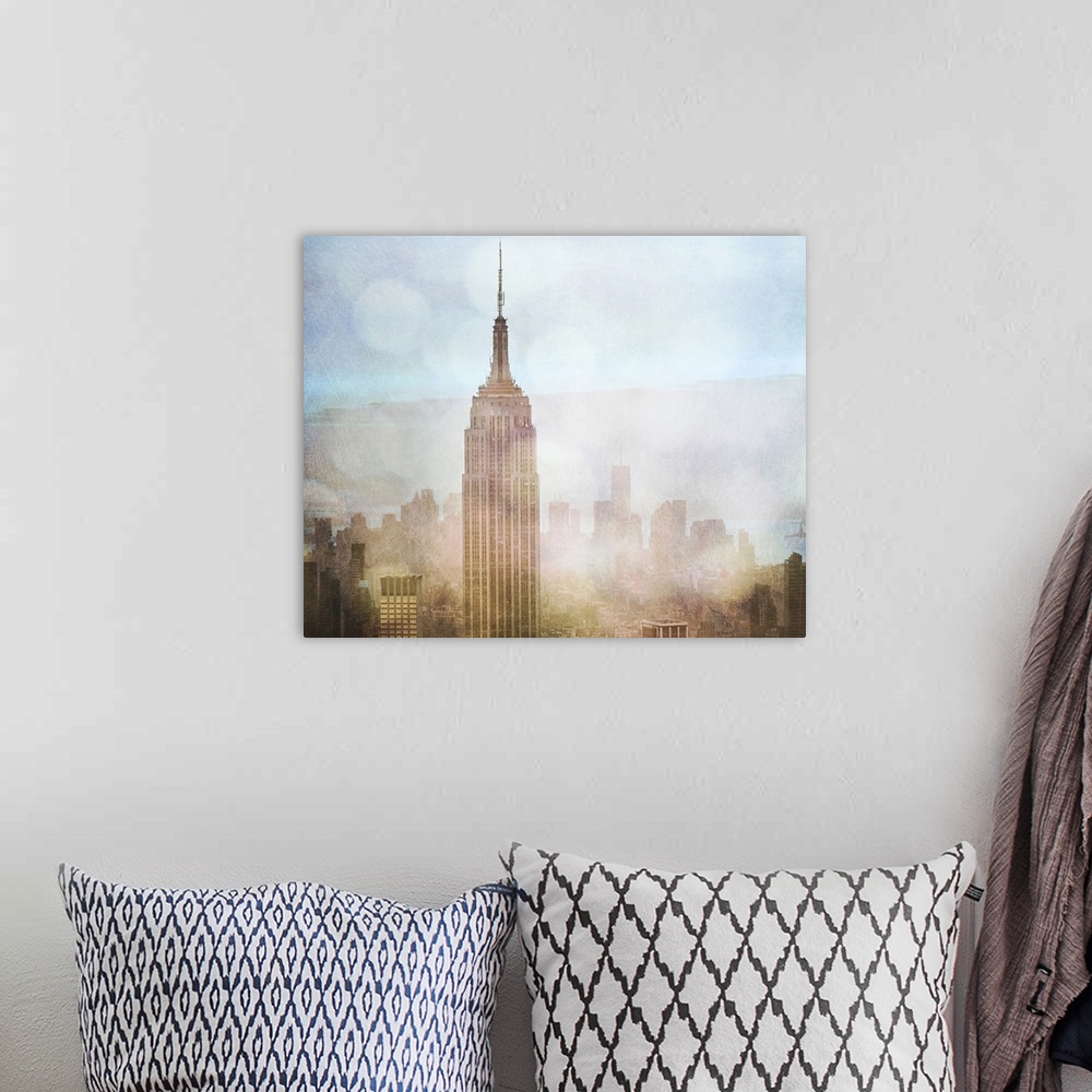 A bohemian room featuring Fine art photo of the Empire State Building in New York City rising above the city skyline.