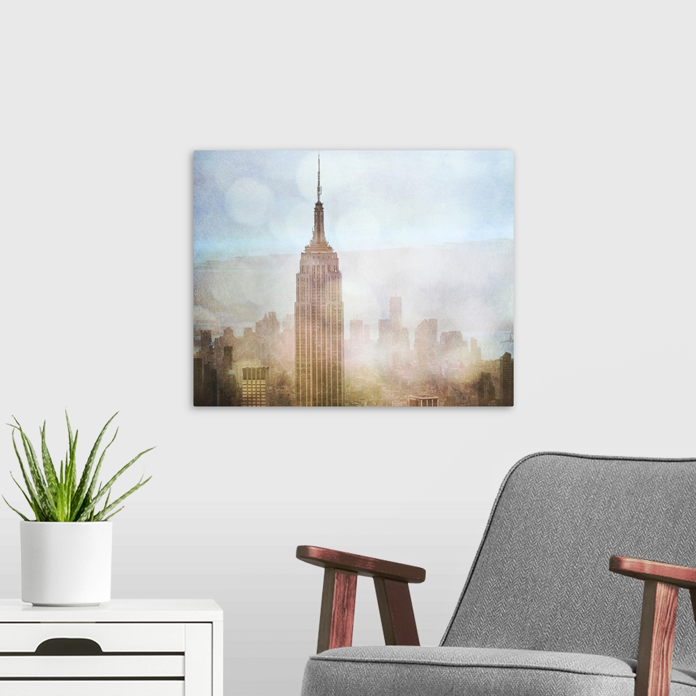 A modern room featuring Fine art photo of the Empire State Building in New York City rising above the city skyline.