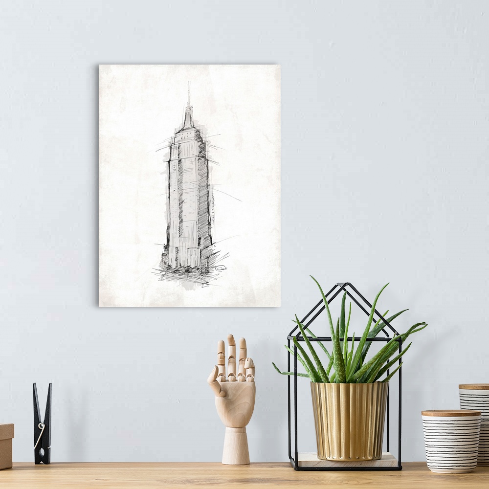 A bohemian room featuring Sketch of the Empire State Building against a textured background.