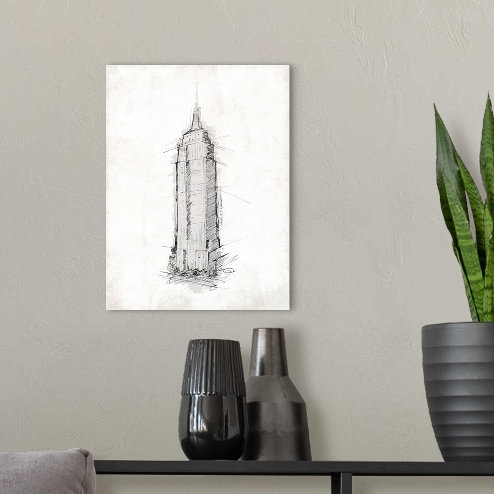 A modern room featuring Sketch of the Empire State Building against a textured background.