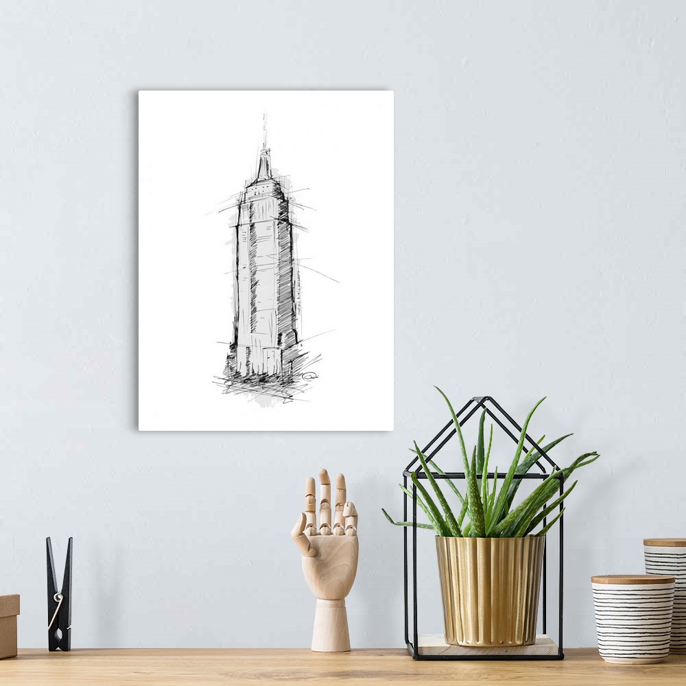 A bohemian room featuring Sketch of the Empire State Building against a flat white background.